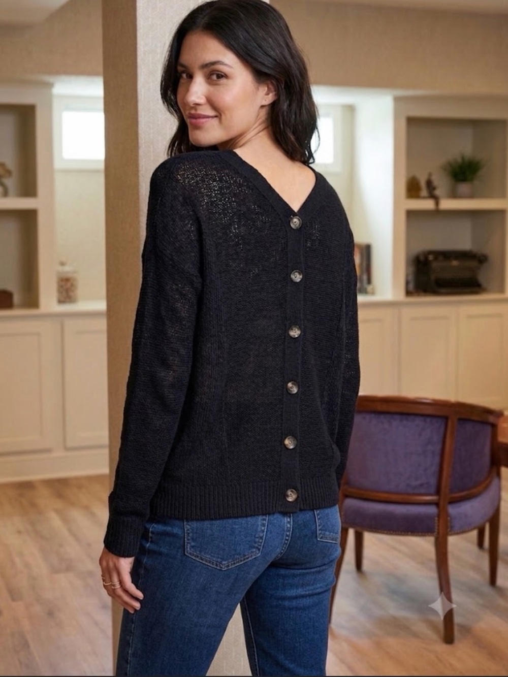 Ruby Moon Black Button Back Pullover Sweater Medium